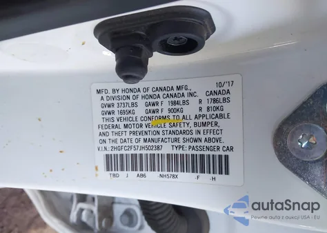 2018 Honda Civic Lx из США, поврежденный, VIN 2HGFC2F57JH502387